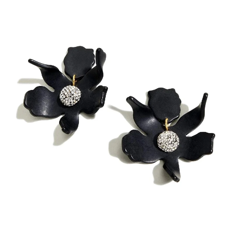 Polished silver rings-Round stud earrings-Small black crystal lily