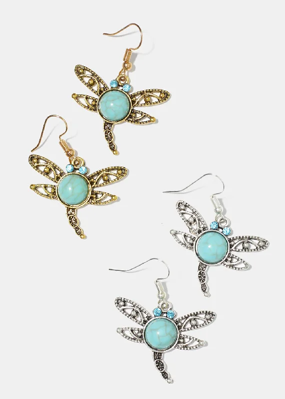 Playful pair earrings-Leaf hoop earrings-Turquoise Dragonfly Earrings