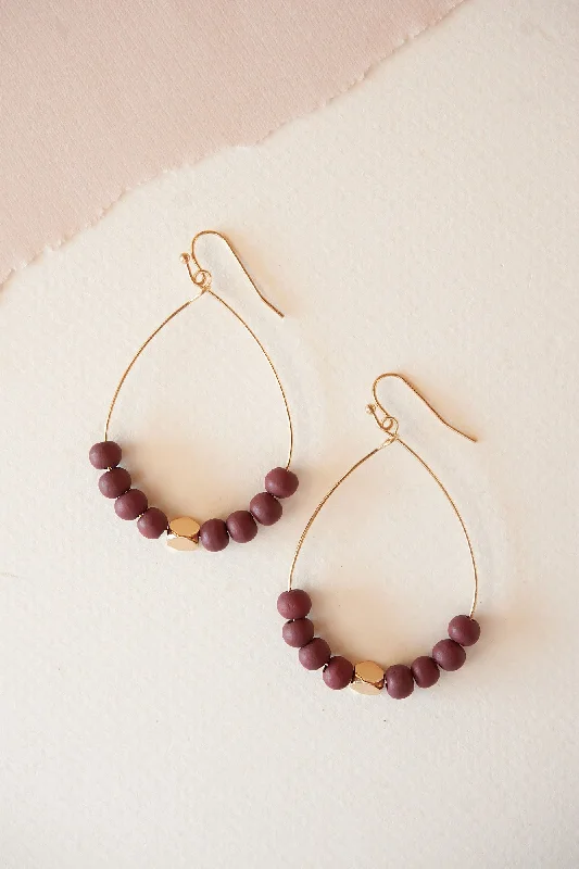 Thin frame rings-Sleek art earrings-Blaire Beaded Teardrop Hoop | Berry and Gold Beaded Dangle