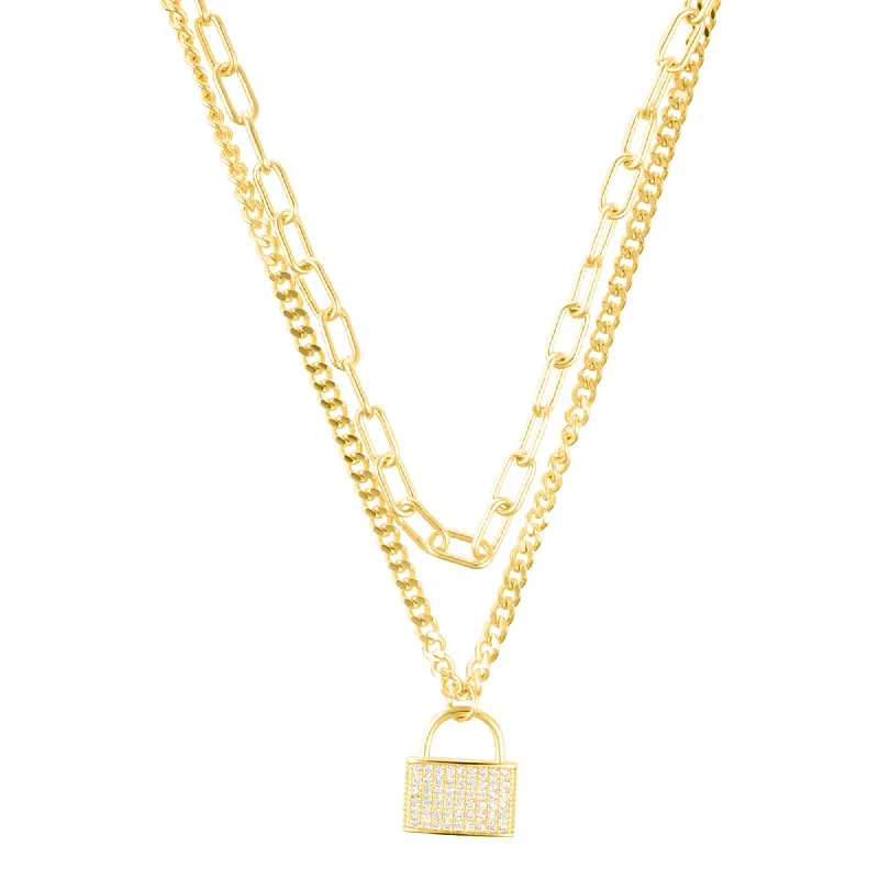 Alloy metal necklaces-14k Gold Plated Adjustable Layered Chain Crystal Lock Necklace