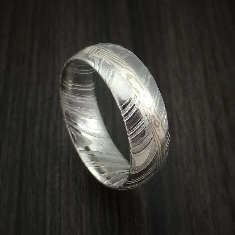 Kuro Damascus Steel Men's Ring with Palladium Mokume Gane Angled Inlay Custom Made Band