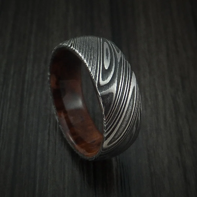 Kuro Damascus Steel Men's Ring with Hardwood Sleeve Custom Made Wood Band