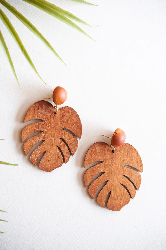 Emerald stone earrings-Thick tier earrings-Wood Palm Leaf Earrings | Tropical Lightweight Summer Earrings