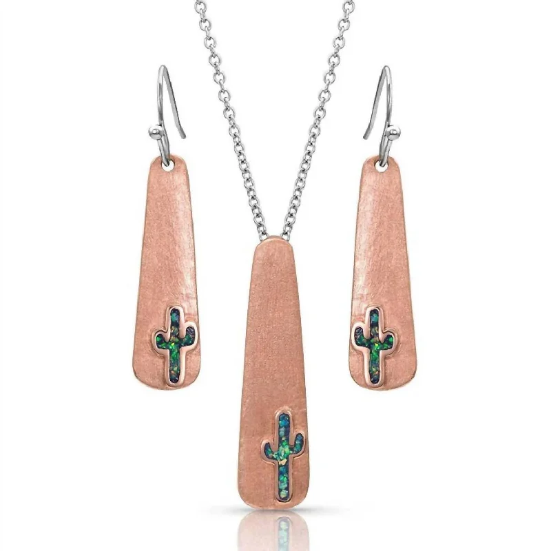 Corded link necklaces-Women's Desert Sun Opal Cactus Jewelry Set In Rose Gold