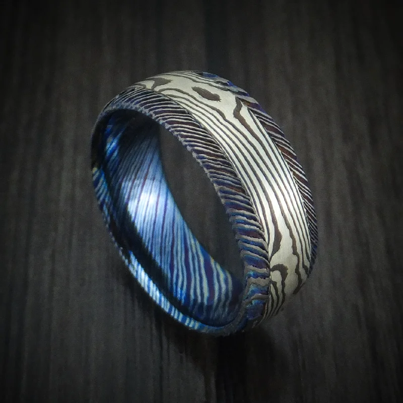 Kuro-Ti Twisted Titanium Etched and Heat-Treated Men's Ring with Mokume Gane Inlay Custom Made Band