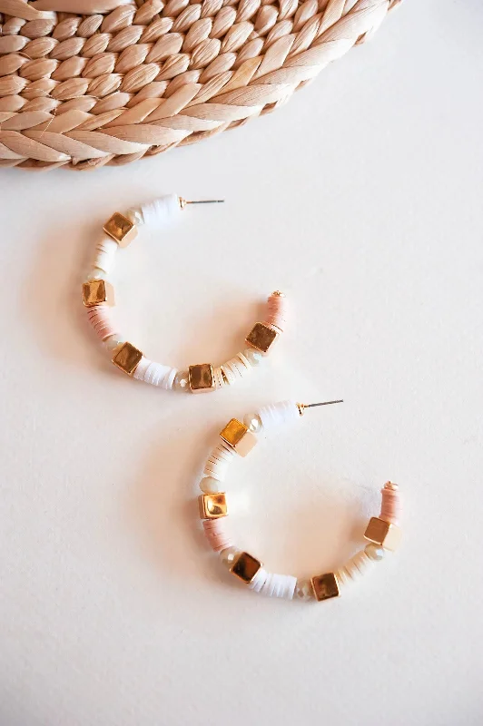 Linen cord earrings-Solid hoop earrings-Kennedy Ivory and Blush Shell Bead Hoop Earrings