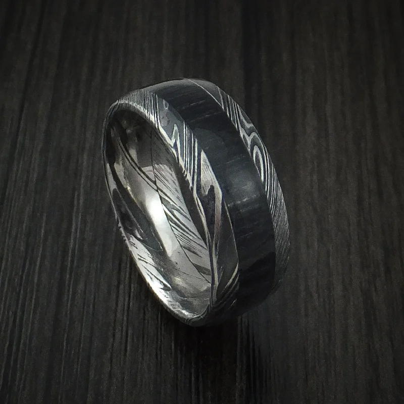 Kuro Damascus Steel Men's Ring with Charcoal Hardwood Inlay Custom Made Band