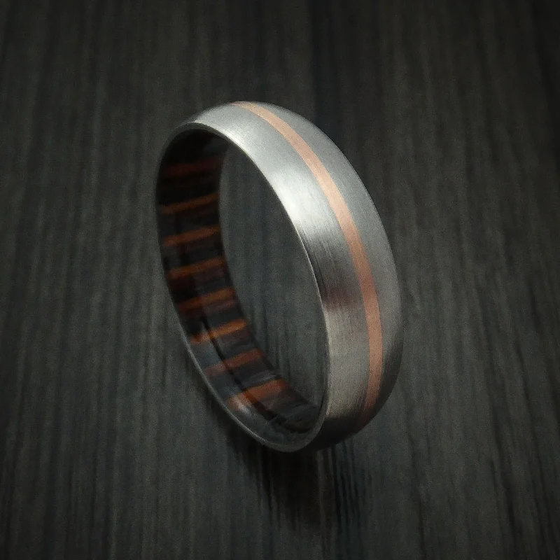 Titanium Men's Ring with 14k Rose Gold Inlay and Ember Wood Sleeve