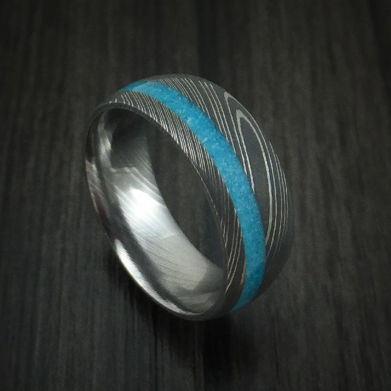 Damascus Steel Men's Ring with Turquoise Inlay Custom Made Band