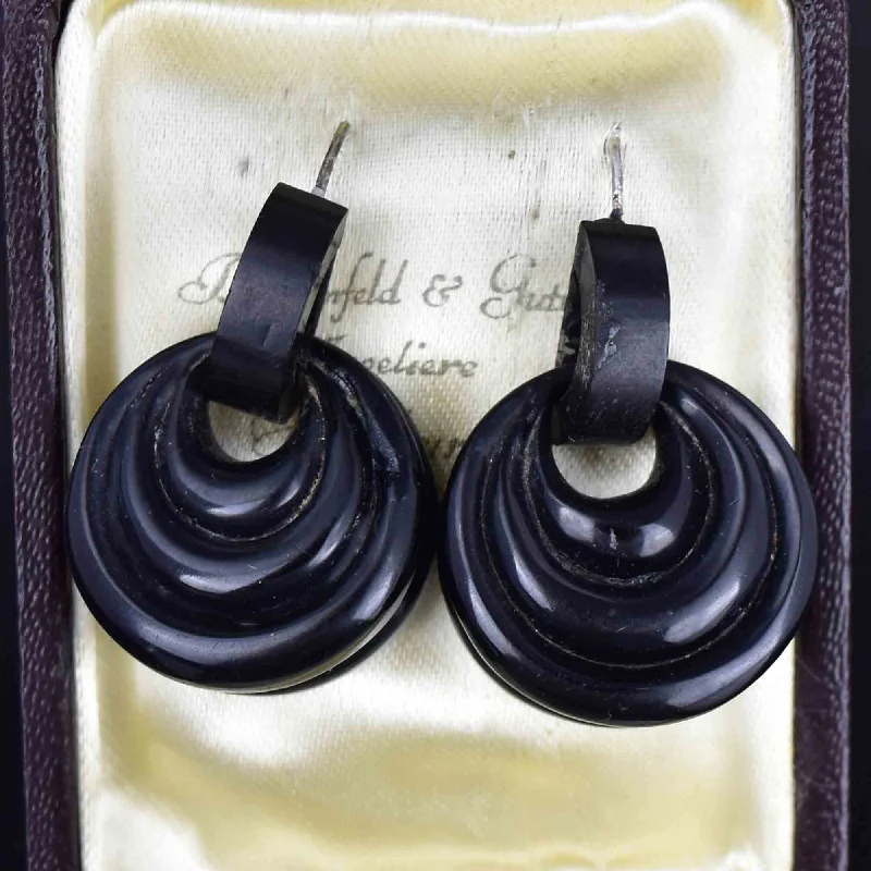 Smooth design rings-Fine triangle earrings-Antique Victorian Carved Circular Whitby Jet Drop Earrings