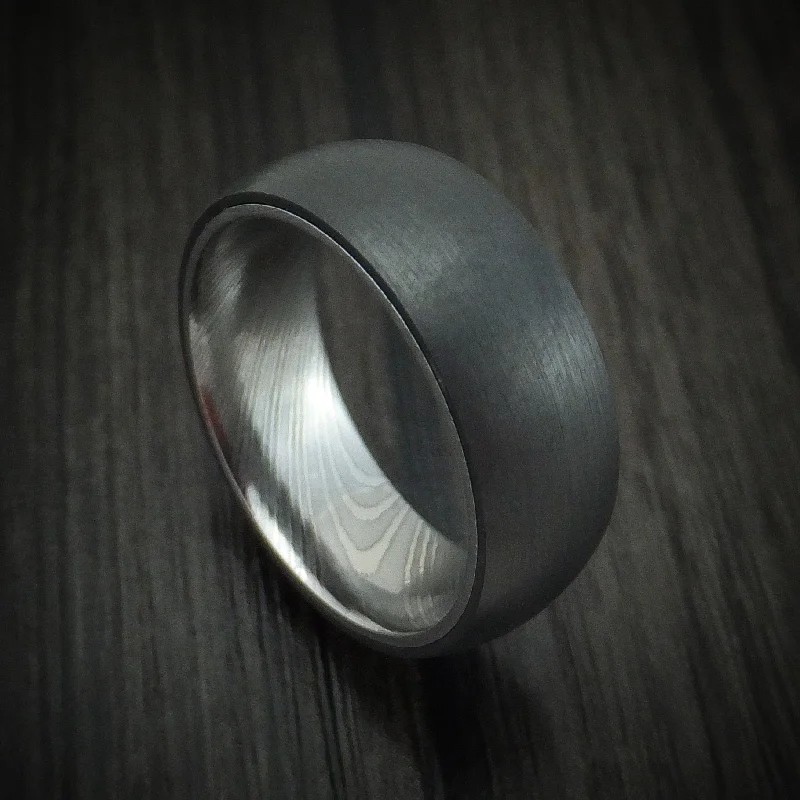 Black Zirconium Men's Ring with Damascus Steel Sleeve