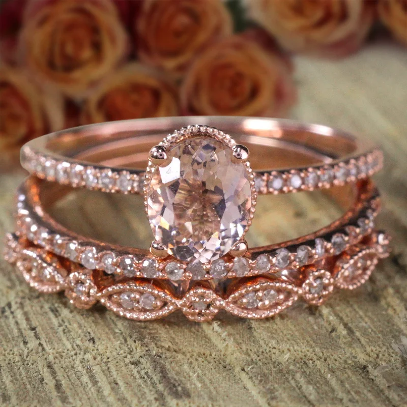 Classic Art Deco Sale 2 Carat Antique Design Oval Shape Morganite And Diamond Moissanite Trio Ring Set in 10k Rose Gold