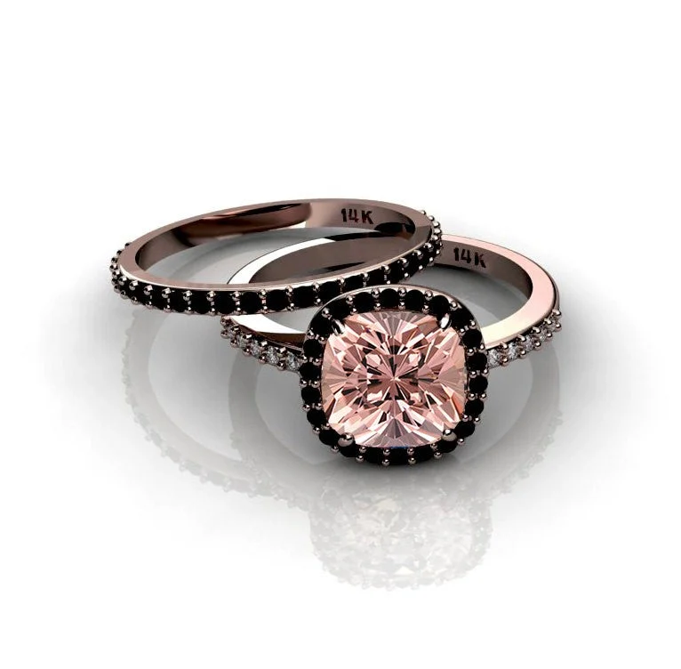 Cushion Cut 2.00 Carat Morganite Ring With Black Diamond Moissanite Halo Bridal Set in 10k Rose Gold