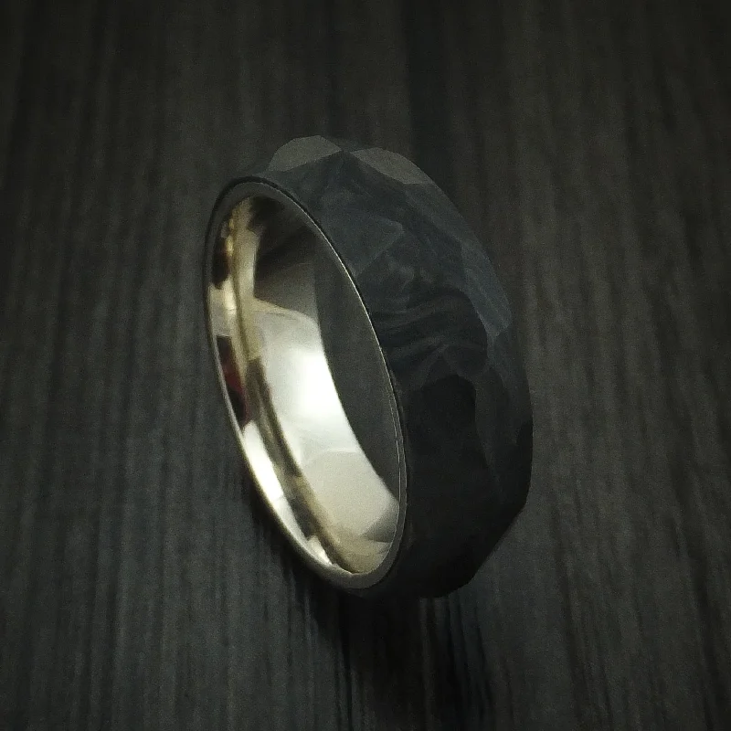 Solid Forged Carbon Fiber Faceted Men's Ring with 14K White Gold Sleeve