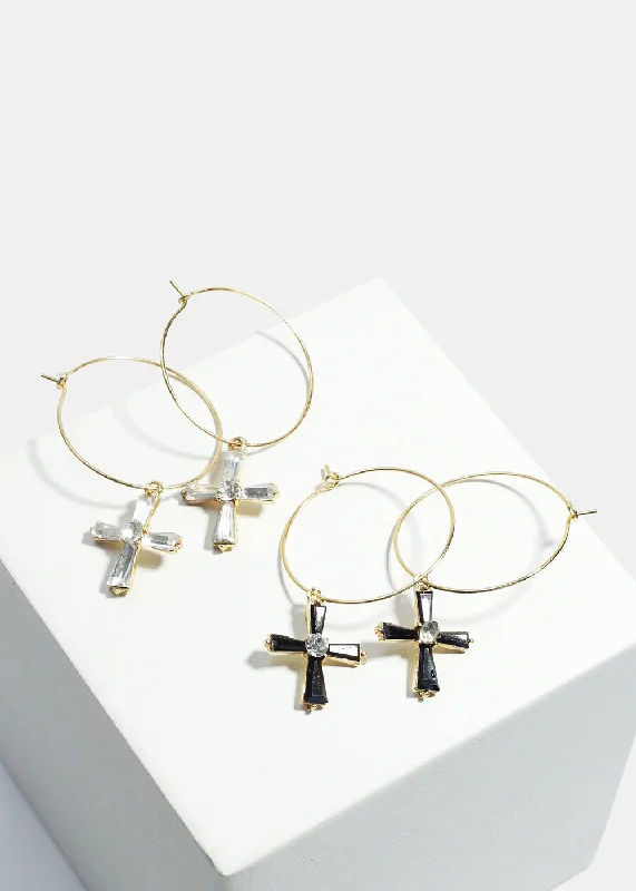 Hand-sleek rings-Light wood earrings-Cross Dangle Hoop Earrings