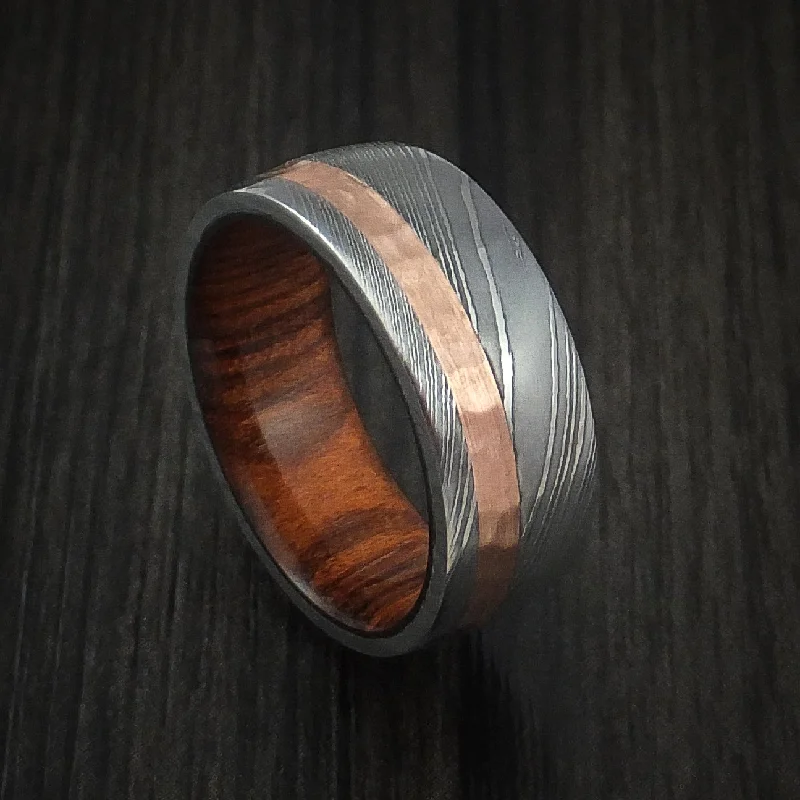 Damascus Steel and Hammered Copper Men's Ring with Hardwood Sleeve Custom Made