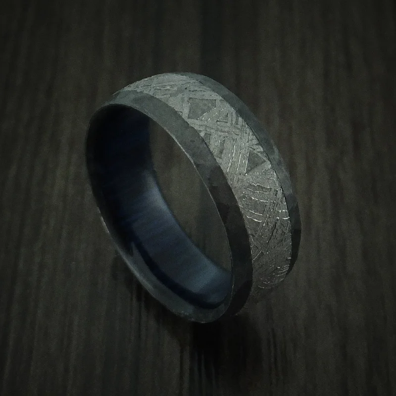 Black Zirconium Men's Ring with Gibeon Meteorite Inlay and Interior Hardwood Sleeve Custom Made Band