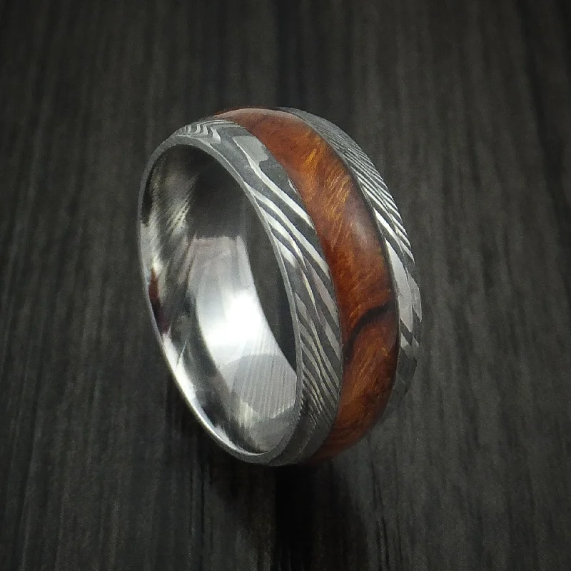 Damascus Steel Band with Desert Ironwood Burl Hardwood Inlay Custom Made Men's Ring