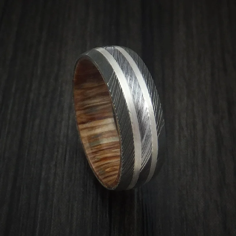 Damascus Steel Men's Ring with Silver Inlays and Teak Hardwood Sleeve