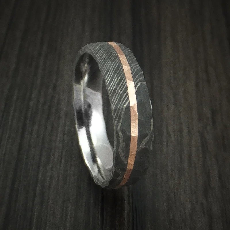 Damascus Steel Rock Hammered Men's Ring with Angled 14k Rose Gold Inlay Custom Band