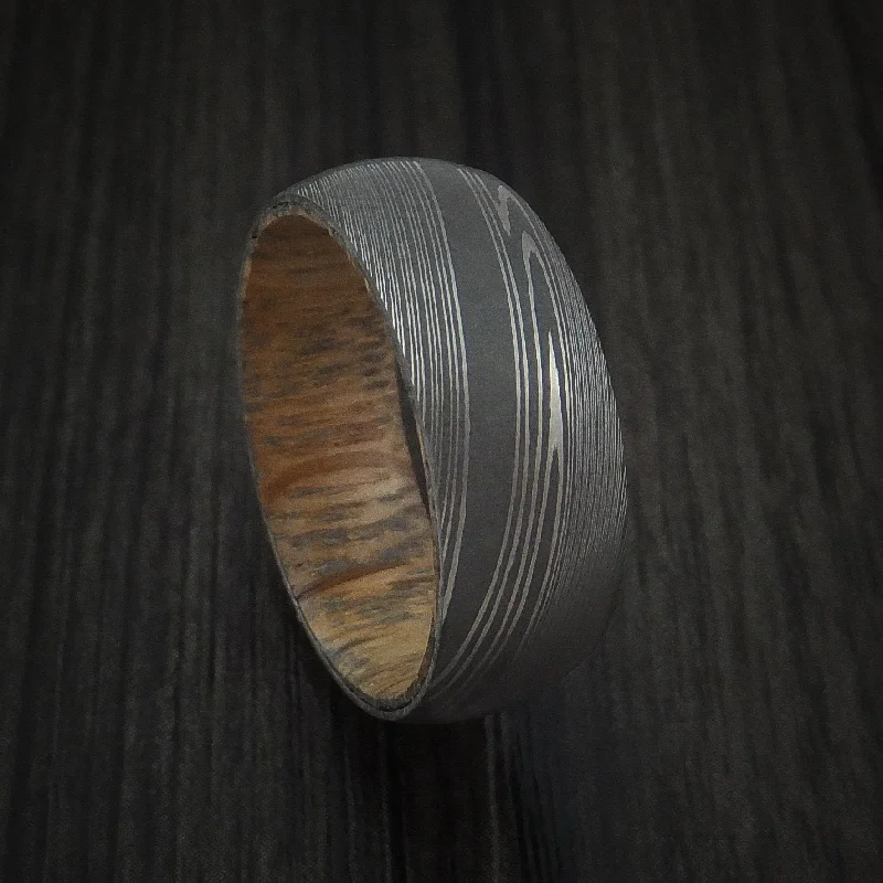 Damascus Steel Men's Ring with Interior Wood Sleeve Custom Made