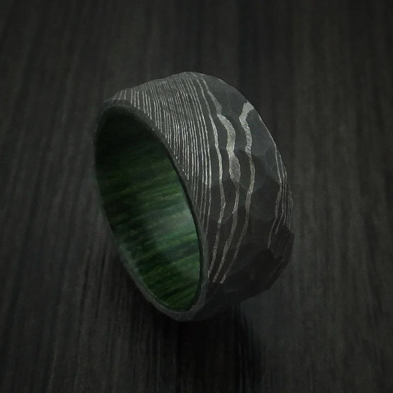 Damascus Steel Rock Hammer Men's Ring with Hardwood Sleeve Custom Made