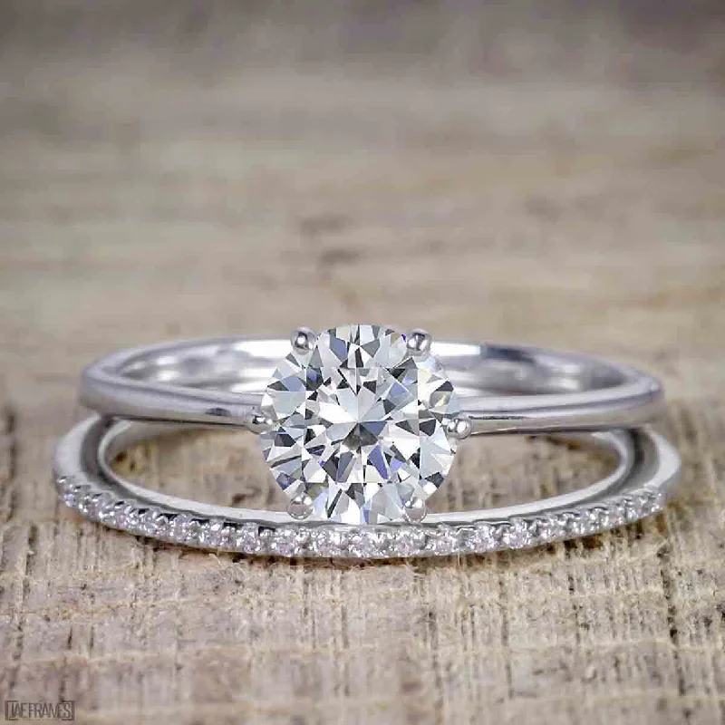 Round Cut 1.25 Carat Moissanite Diamond Wedding Ring Set in 10k White Gold Solitaire Ring And Diamond Moissanite On The Band