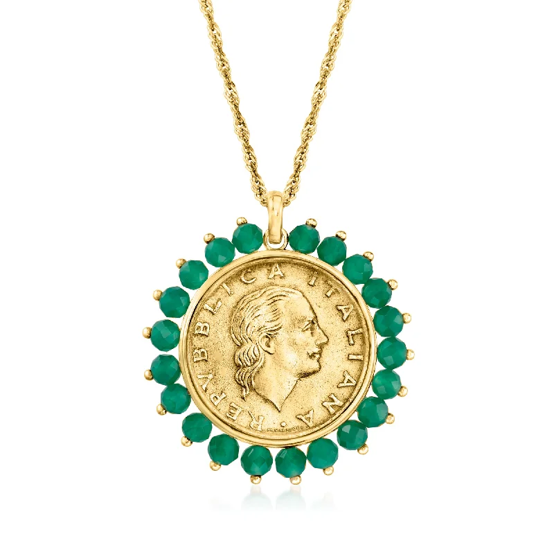 Bold art necklaces-Ross-Simons Genuine 200-Lira Coin and Green Agate Medallion Pendant Necklace in 18kt Gold Over Sterling