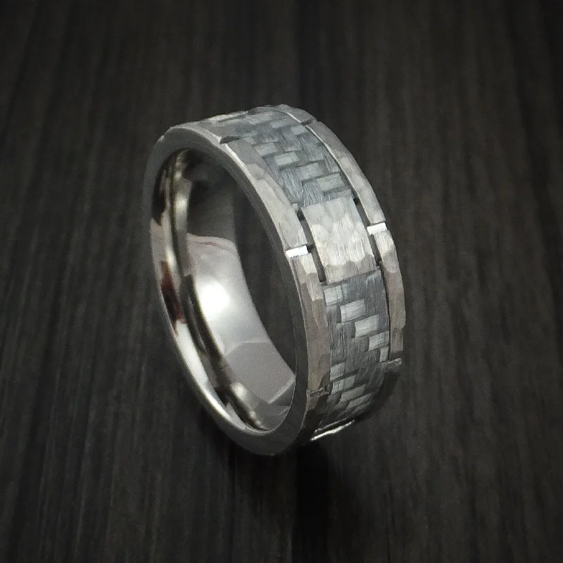 Cobalt Chrome Hammered Men's Ring with Silver Carbon Fiber Inlay Custom Inlay