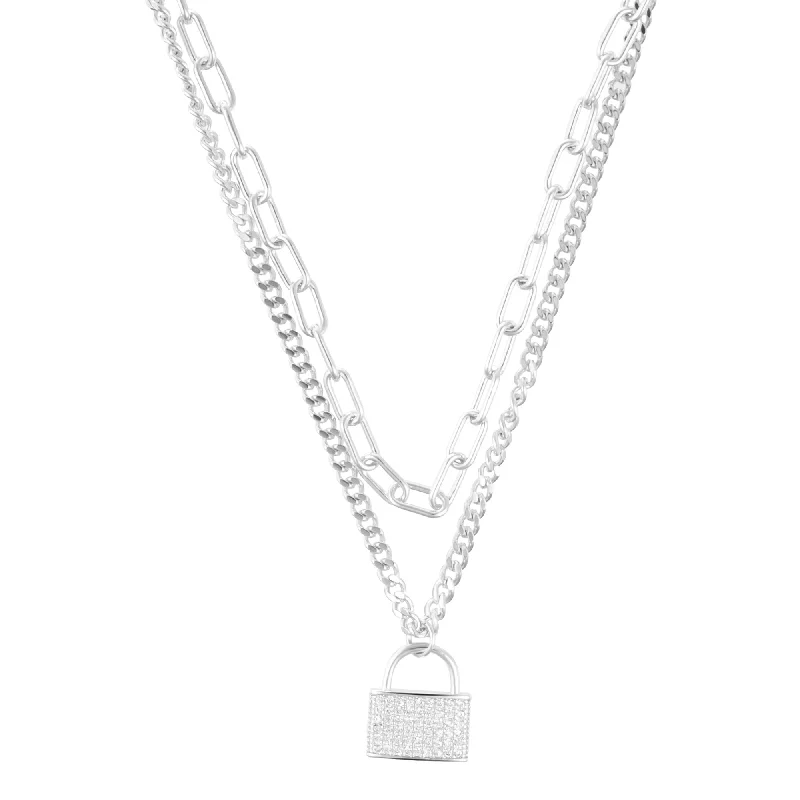 Glossy enamel necklaces-Sterling Silver Plated Adjustable Layered Chain Crystal Lock Necklace