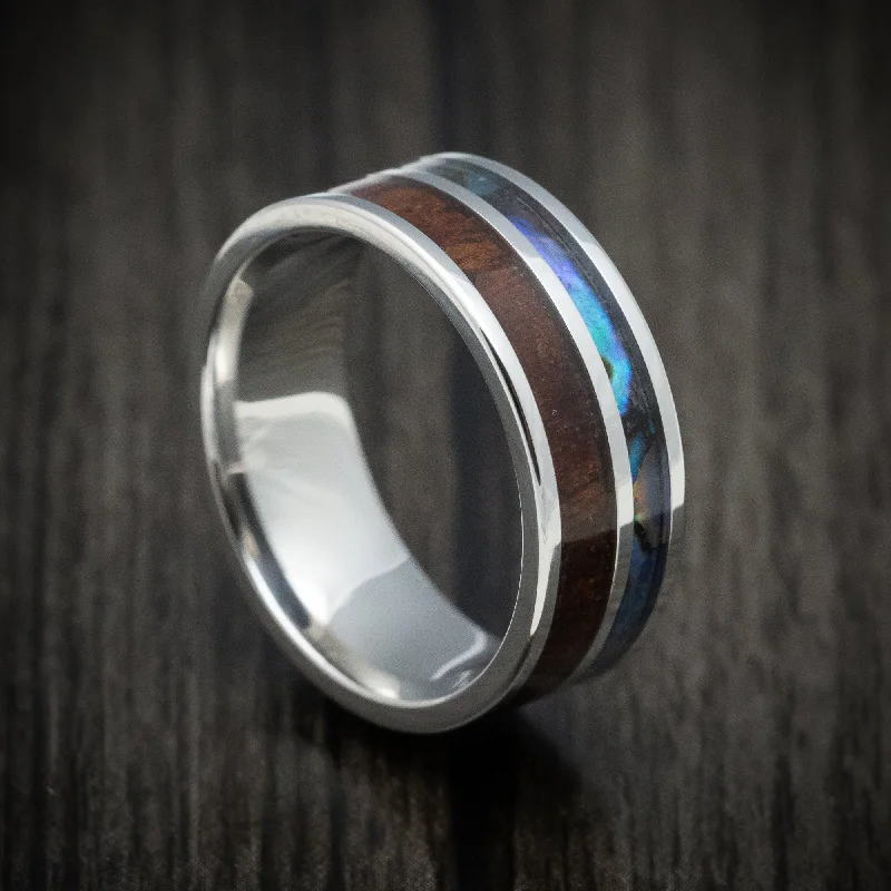 Cobalt Chrome Men's Ring with Koa Wood and Abalone Inlays Custom Made Band