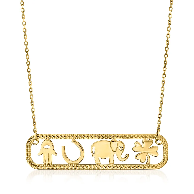 Solid bar necklaces-Ross-Simons Italian 14kt Yellow Gold Lucky Symbols Bar Necklace