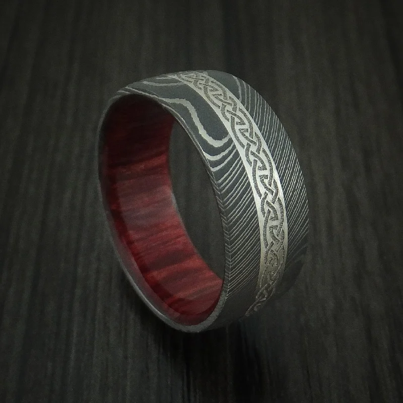 Damascus Steel Celtic Men's Ring With Platinum Inlay And Wood Sleeve Custom Made Band