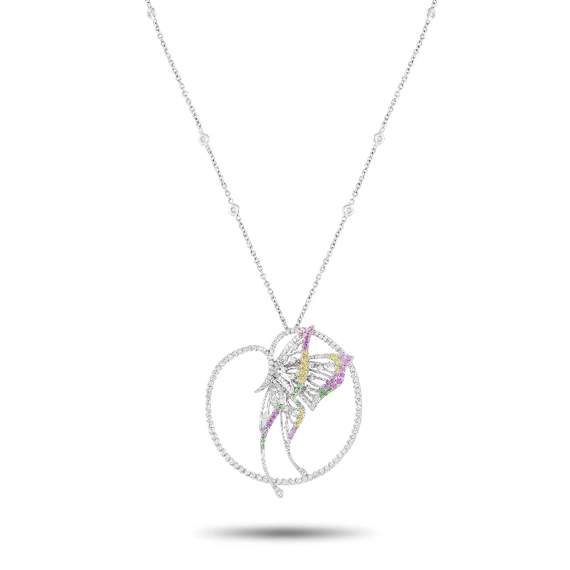 Zodiac sign necklaces-Bucherer 18K White Gold 2.20ct Diamond, Sapphire and Tsavorite Butterfly Necklace BU04-071224