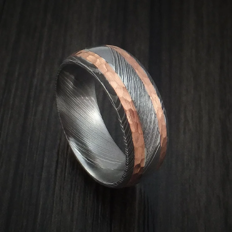 Damascus Steel Men's Ring with Hammered Copper Inlays Custom Made Band