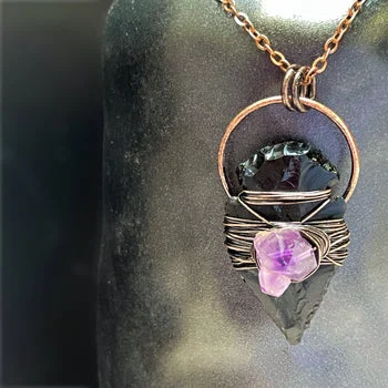 Gem-woven necklaces-Rock Amethyst & Obsidian Arrow - Necklace