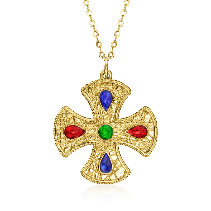 Aged silver necklaces-Ross-Simons Italian Multicolored Enamel Cross Pendant Necklace in 14kt Yellow Gold