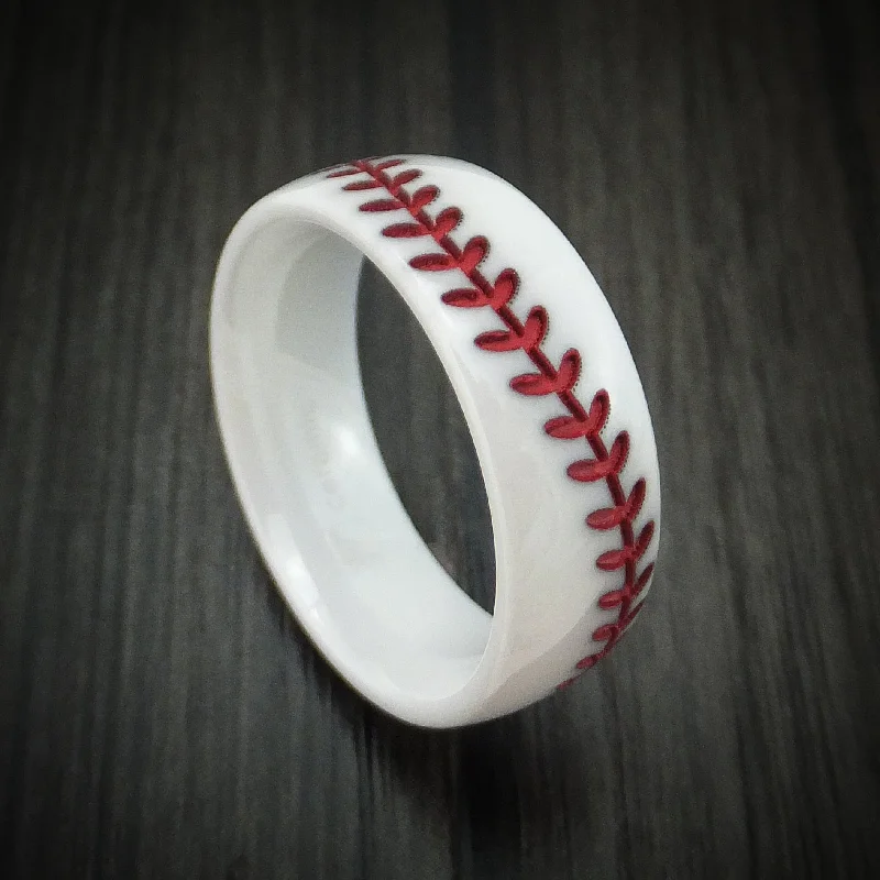 White Ceramic Men's Ring with Baseball Stitching and Cerakote Inlay Custom Made Band