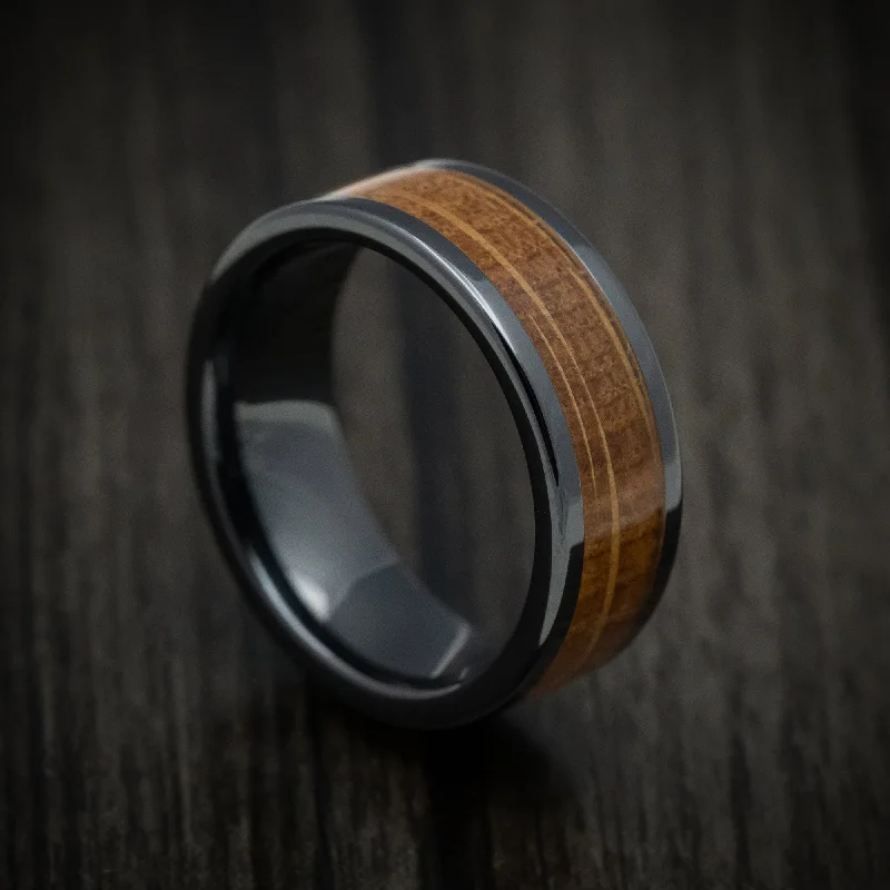 Black Ceramic and Whiskey Barrel Wood Inlay Custom Men's Ring