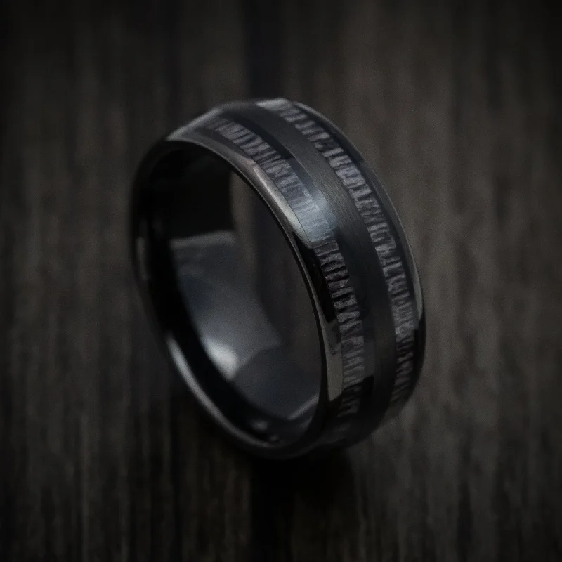 Black Tungsten Men's Ring with Charcoal Wood Inlays