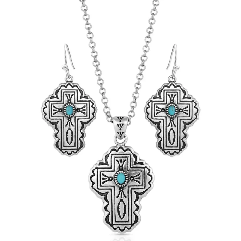 Glossy shine necklaces-Women's Cathedral Cross Jewelry Set In Silver