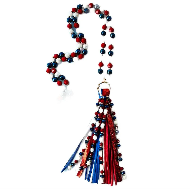 Vivid gem necklaces-Long Beaded Tassel Necklace In Red/white/blue