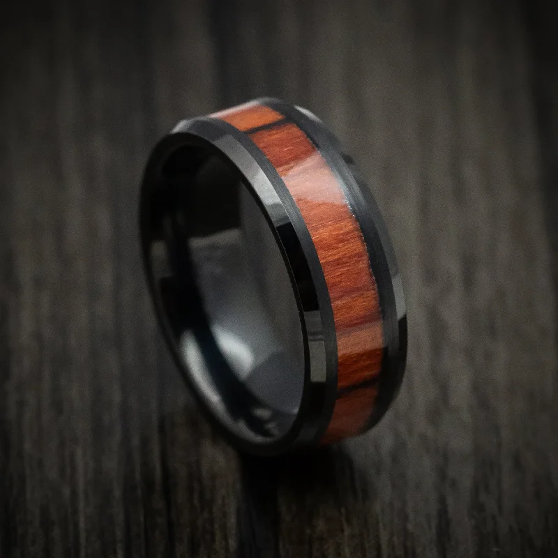 Black Tungsten Men's Ring with Mahogany Wood Inlay Custom Made Band