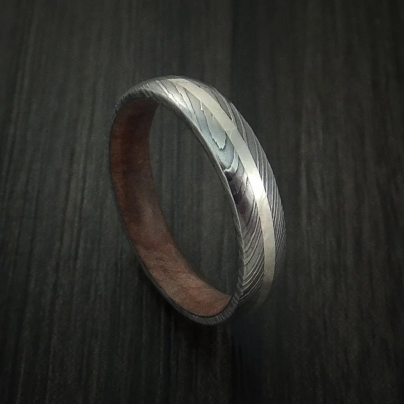 Damascus Steel Ring with Silver Inlay and Hardwood Sleeve