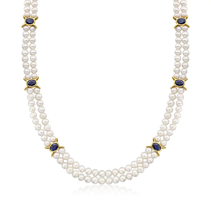 Layered strand necklaces-Ross-Simons 4.5-5.5mm Cultured Pearl and Sapphire Station Necklace in 18kt Gold Over Sterling