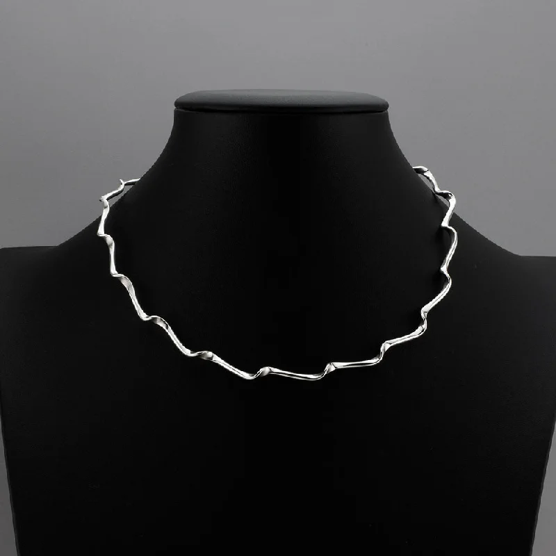 Solid bar necklaces-Thin Sterling Silver Wavy Choker Necklace