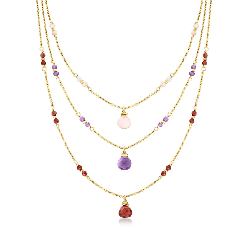 Full bib necklaces-Ross-Simons Italian Pink Opal and Multi-Gemstone Layered Necklace in 24kt Gold Over Sterling. 18 inches