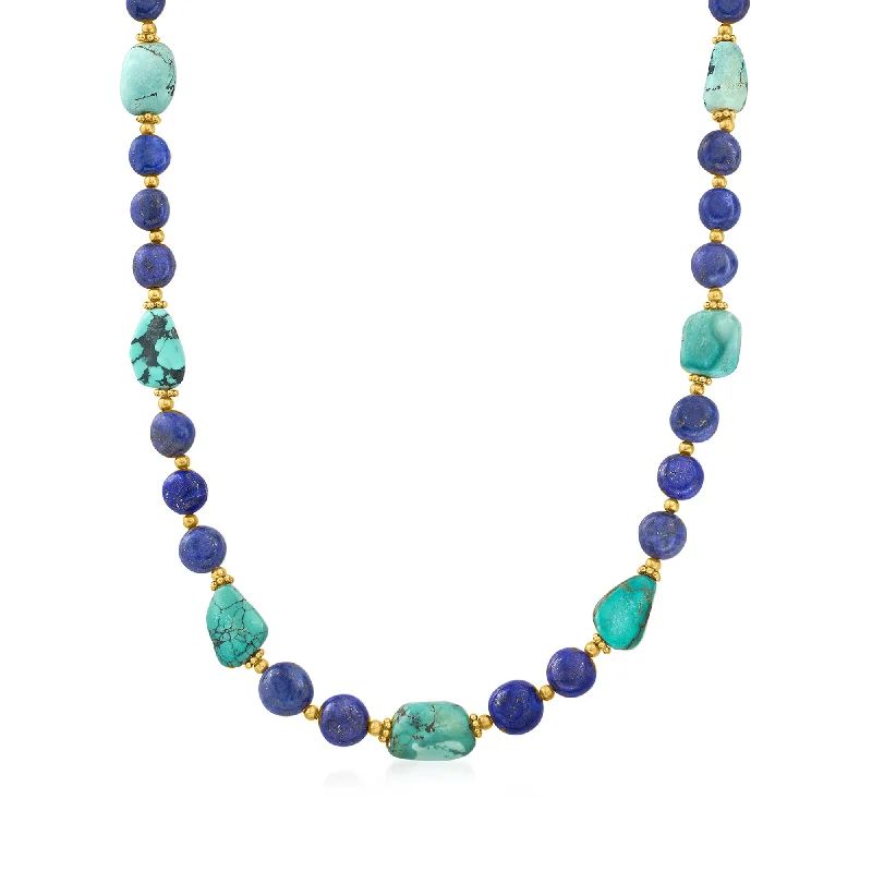 Linen cord necklaces-Ross-Simons Lapis and Turquoise Bead Necklace With 18kt Gold Over Sterling