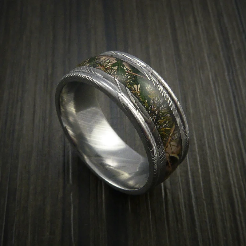 Damascus Steel Men's Ring with Camo Inlay Custom Made Wedding Band