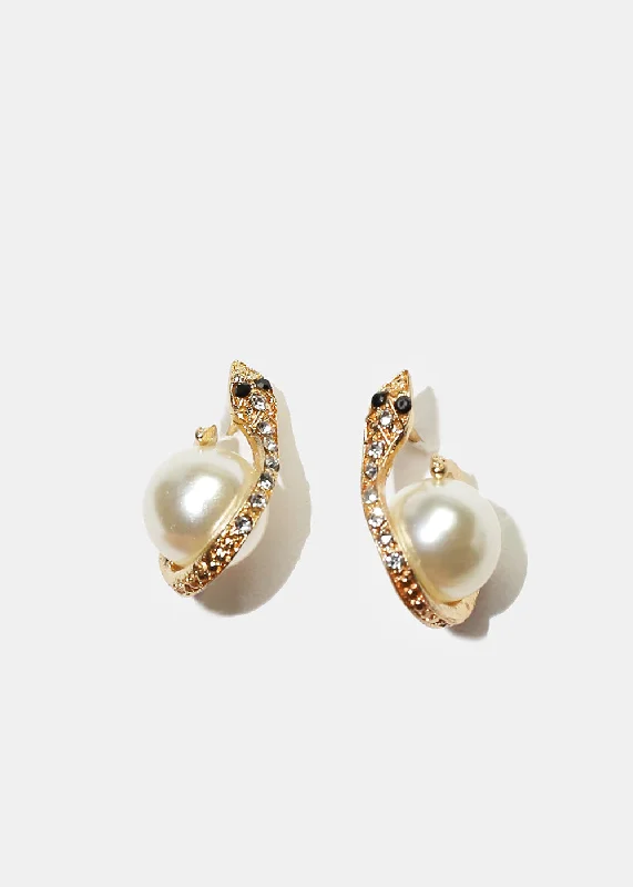 Retro style earrings-Fine triangle earrings-Sparkly Snake & Pearl Stud Earrings